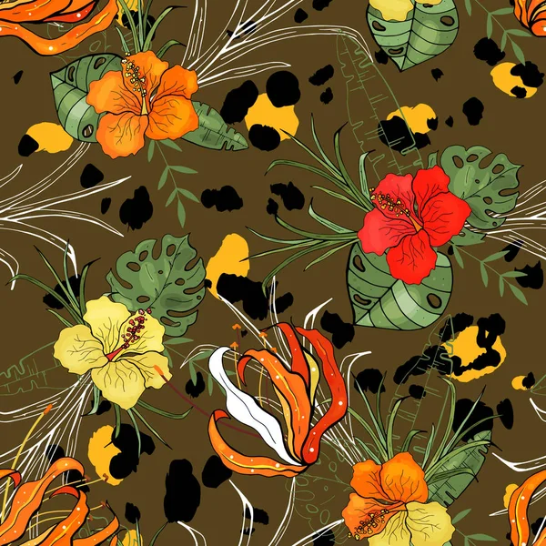 Moderne Tierfellabdrücke Blumen Hand Gezeichnete Nahtlose Muster Safari Afrika Design — Stockvektor