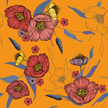 Çiçeği çiçek seamless modeli. Antika arka plan. Duvar kağıdı. Gerçekçi çiçek açan çiçekler izole. Elle çizilmiş. Vektör çizim.