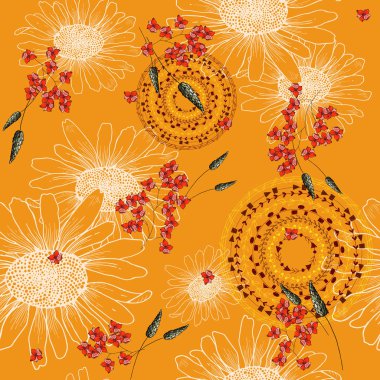 Trendy sorunsuz çiçek deseni. Antika arka plan. Duvar kağıdı. Gerçekçi çiçek açan çiçekler izole. Elle çizilmiş. Vektör çizim.