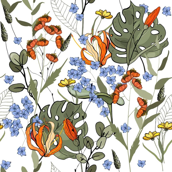 Retro Wild Motif Fleurs Sans Couture Fond Vintage Papier Peint — Image vectorielle