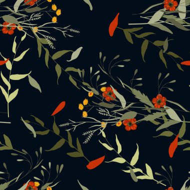 El yapımı çiçekler kır çiçekleri ve tropik yapraklar ile sorunsuz çiçek desenli. Botanik arka plan. Duvar kağıdı. Elle çizilmiş. Vektör çizim