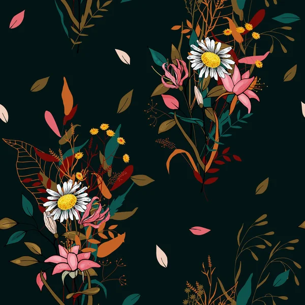 Цветущие Цветы Реалистичный Изолированный Бесшовный Цветочный Узор Винтажное Прошлое Обои — стоковый вектор