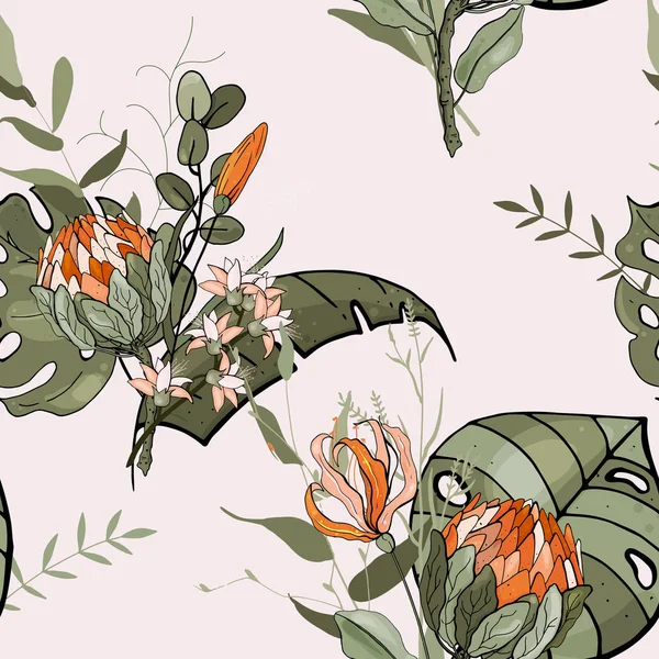Богемний Квіти Візерунок Суміш Квіткових Боку Звернено Орхідея Protea Безшовні — стоковий вектор
