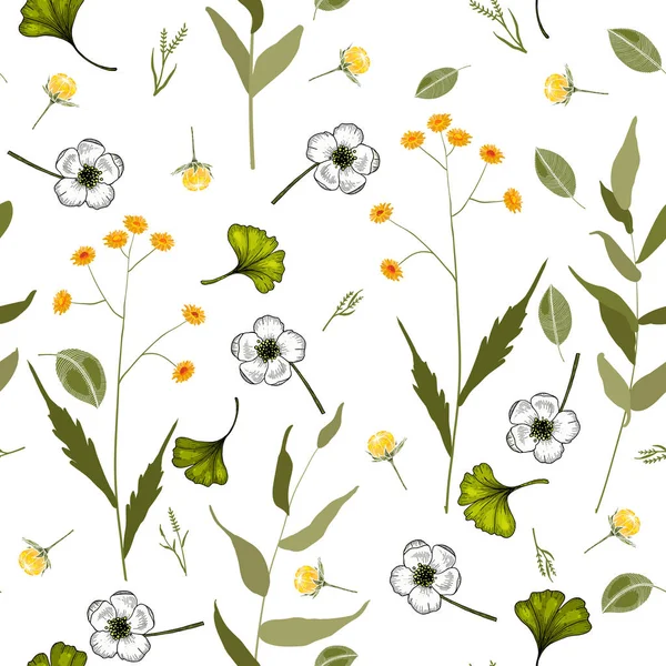 植物のモチーフ 孤立したシームレスな花模様 ヴィンテージ背景 手描き ベクトル図 — ストックベクタ