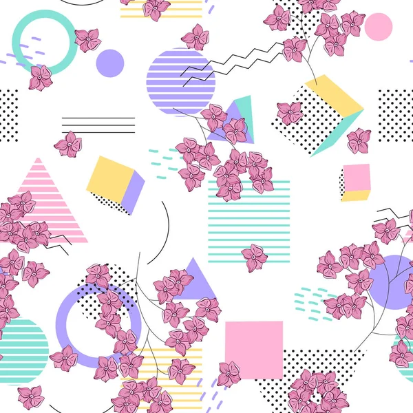 现代孟菲斯图案用手绘野花 几何无缝打印波尔卡圆点设计的时尚 向量例证 — 图库矢量图片