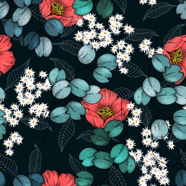 Gerçekçi izole sorunsuz çiçek desenli. Elle çizilmiş vektör