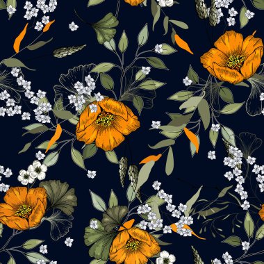 Botanik arka plan. El vektör çizim çekilmiş. FreeHand f