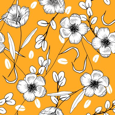 Açık sarı zemin üzerinde modern soyut çiçek illüstrasyon. 