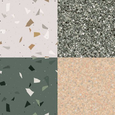 Siyah, yeşil ve pastel terrazzo. Beyaz arka planda modern tarzda kusursuz desen. Zemin Venedik Duvarı.