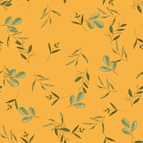 Сельский Винтажные Зеленые Листья Ручной Набросок Цветов Бесшовный Узор Желтом — стоковый вектор
