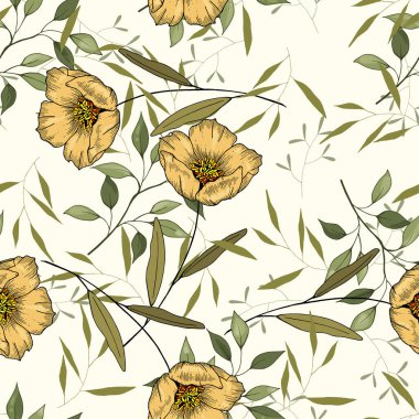 Memphis rengarenk şablonu açık renkli sarı arka planda. El çizimi yeşil yaprak ve sarı veya turuncu çiçek dokusu. Kusursuz çiçek deseni. Vektör tropikal izi