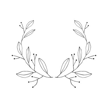 Eskiz çizimi tebrik kartı için çelenk çizimi çizilmiş. Klasik tarzda bir yaz afişi. Vektör botanik illüstrasyon, basit kontur tasarım şablonu.