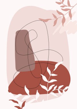 Çağdaş arka plan. Grafik dekorasyon kartı, soyut şekilli çiçek arkaplanı ve botanik elementler, yapraklar. Çizgi film basit sanat davetiye kartları, minimalizm el çizimi vektör pankartı şablonu