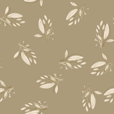 Tropikal yapraklı egzotik desen Hawaii usulü. El yapımı haki yeşili boyanmış palmiye yaprakları ya da bitkiler ve eski bahçe çiçekleri. Eğilimsiz vektör tasarımı.