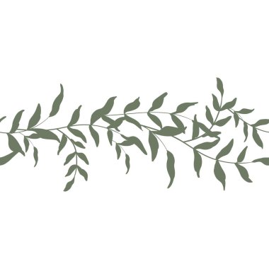 Beyaz arka planda yatay sınırsız bitkiler. Çiçekli düğün davetiyesi şablonu. Yazdırma tasarımı için vektör el çizilmiş öge yeşil yapraklar.