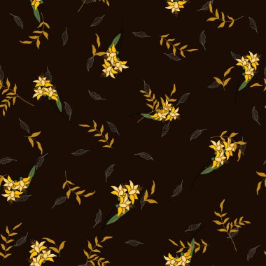 Güzel, soyut, pürüzsüz şablon ya da turuncu, sarı çiçek desenli arka plan. Modern klasik doku. Botanik kahverengi illüstrasyon. Vektör dekorasyon sanatı.