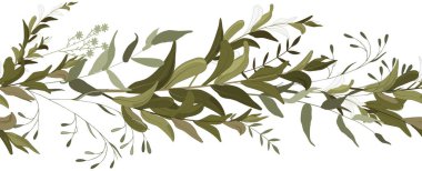 Turuncu papatyalardan, çiçeklerden ve beyaz arka planda suluboya tarzında bitkilerden oluşan yatay sınır. Çiçekli düğün davetiyesi şablonu. Yazdırma tasarımı için vektör el çizimi ögesi.