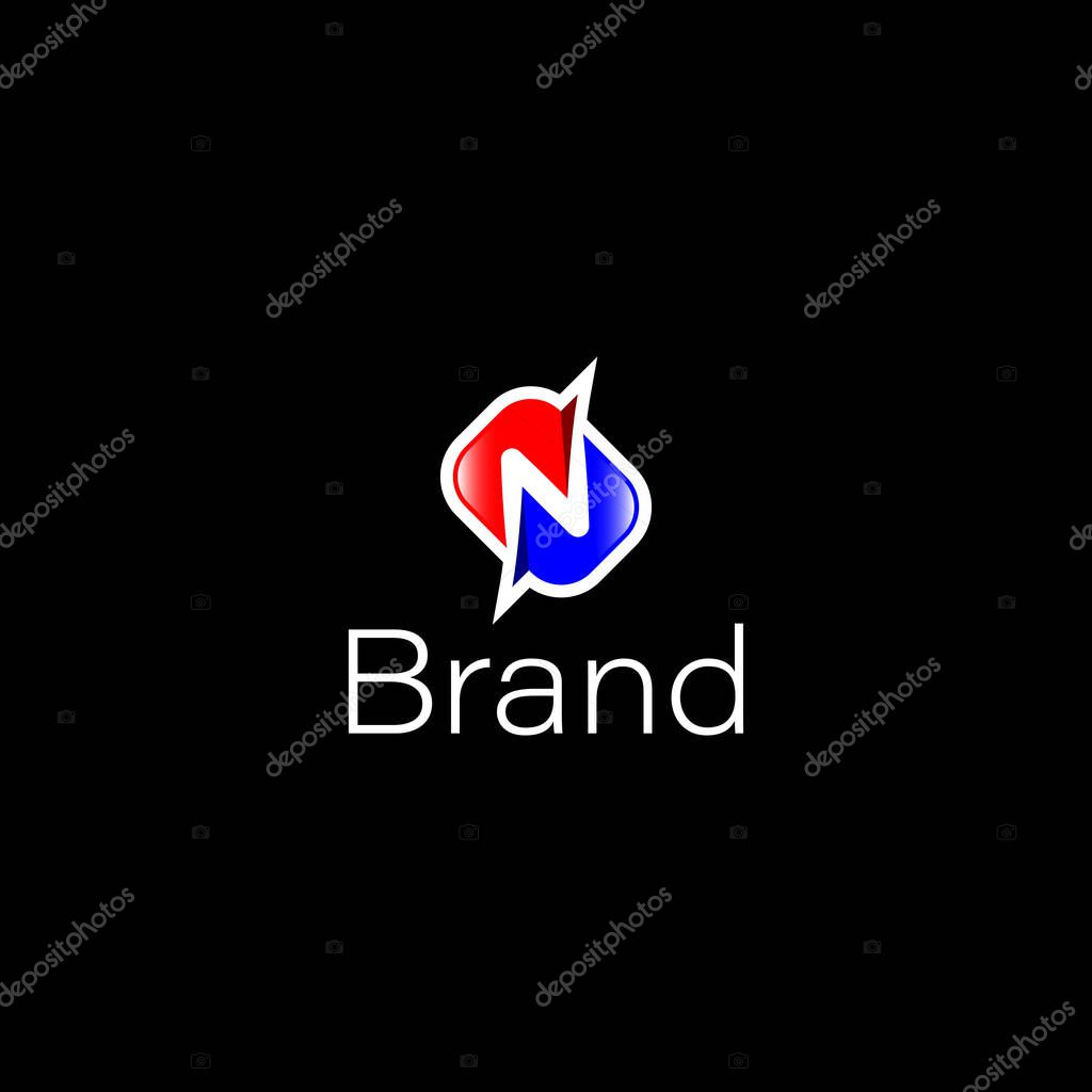 Modern Glossy Letter N Monogram with Lightning Bolt isolated with two backgrounds.