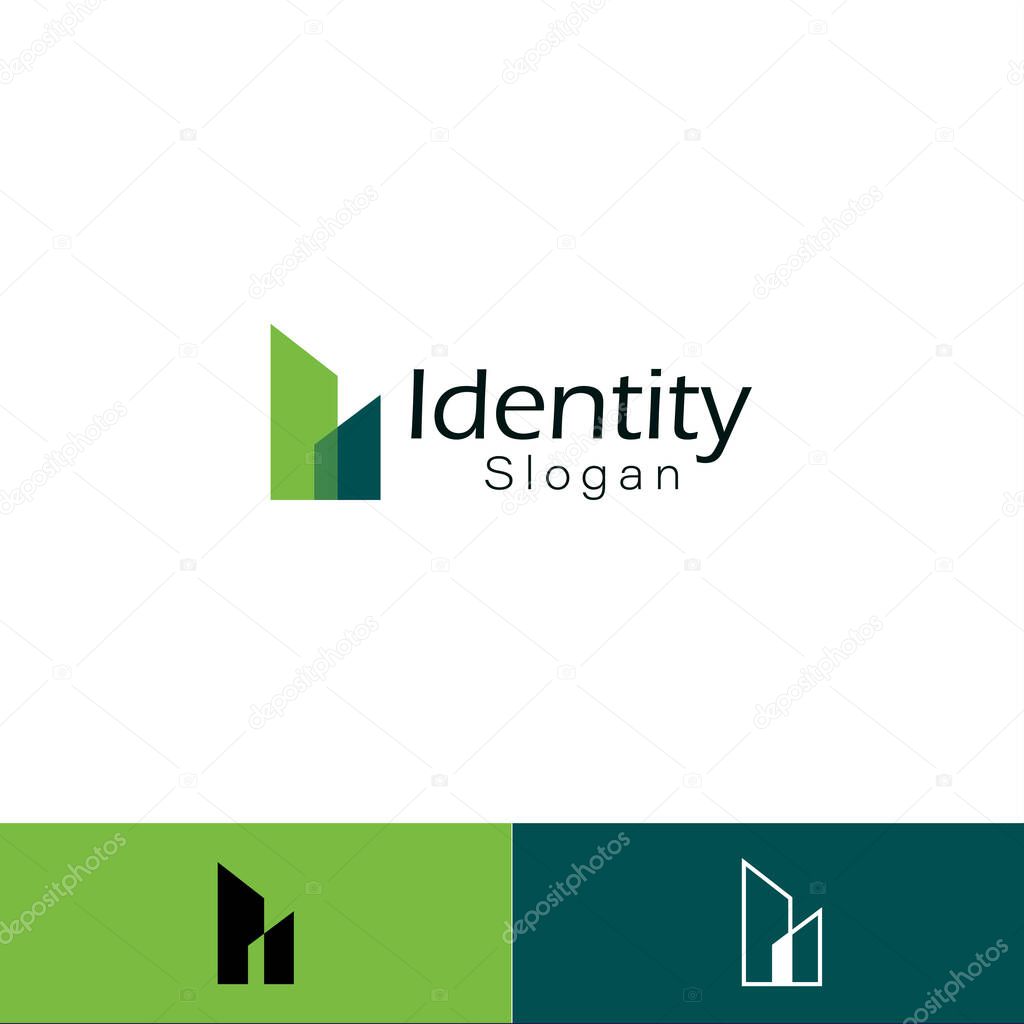 Abstract and Minimal Letter H Geometric City Building Logo with three different background colors.