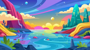 Duvar kağıdı baskısı için dağların, akarsuların ve nehirlerin doğal manzarası