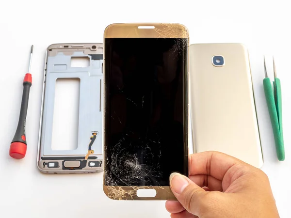 Close Cracked Smartphone Screen Technician Hand Blurred Smartphone Component Backgroun — Stock Photo, Image