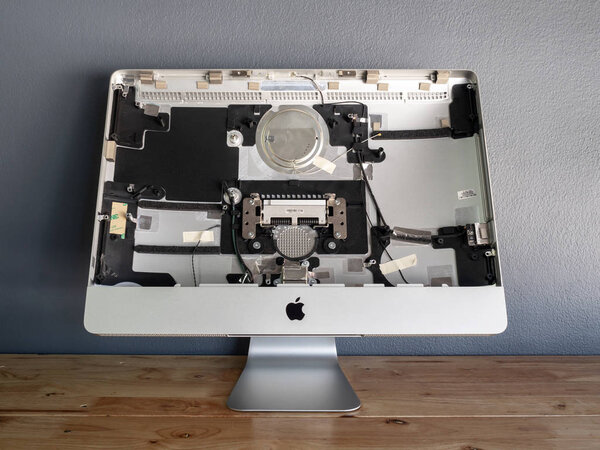 Chiangrai, Thailand: September 19, 2017 - The disassembled Apple iMac computer body cover to make repairs or replace new parts in service shop