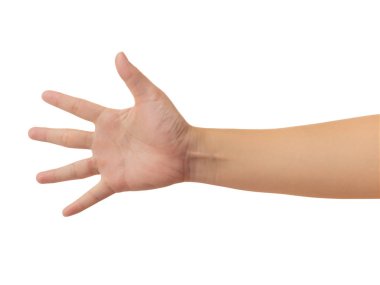 İnsan elinde ulaşmak kişinin elini açık elin avuç ve 5 parmak gösterilen jest izole kırpma yolu, yüksek çözünürlüğü ve düşük kontrast rötuş veya grafik tasarım için beyaz zemin üzerine
