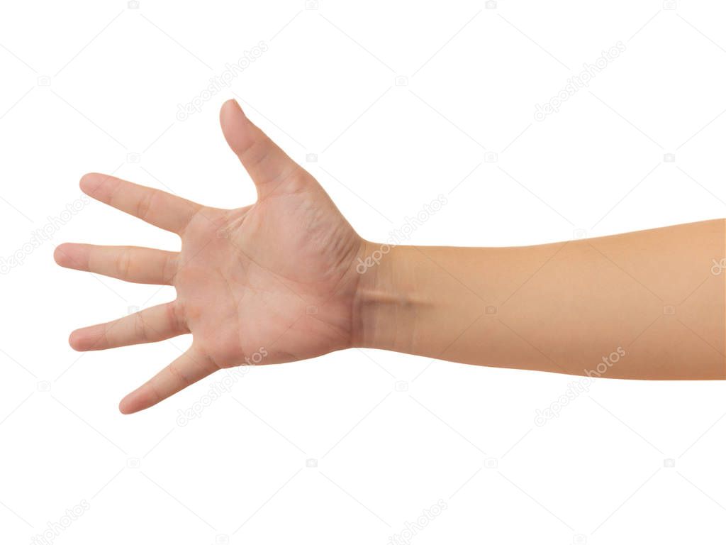 Human hand in reach out one's hand open the palm of the hand and showing 5 fingers gesture isolate on white background with clipping path, High resolution and low contrast for retouch or graphic design