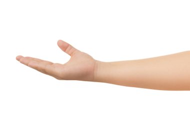 İnsan elinde yan görünüm kişinin el jest izole kırpma yolu beyaz zemin üzerine uzanmak, kontrast rötuş veya grafik tasarı için düşük