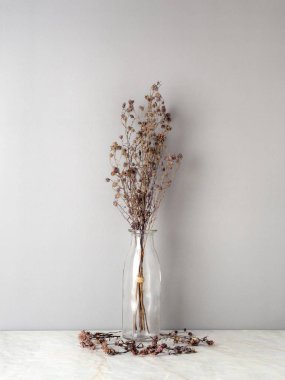 Buket kuru ve mat mermer zemin ve gri arka plan üzerinde cam şişede kahverengi Gypsophila çiçekler solgunluk