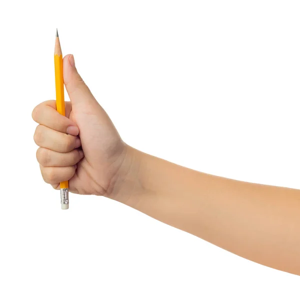 人的手伸出手 并持有黄色铅笔手势隔离在白色背景与裁剪路径 低对比度的润饰或平面设计 — 图库照片