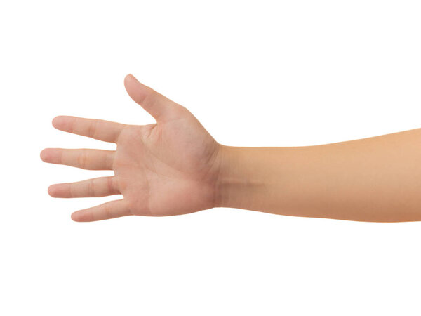 Human hand in reach out one's hand and showing 5 fingers gesture isolate on white background with clipping path, Low contrast for retouch or graphic desig