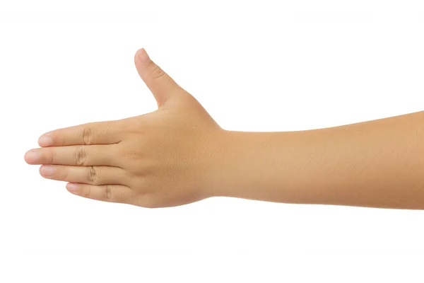 人类手伸伸出手 显示5指手势在白色背景上与裁剪路径隔离 低对比度用于润饰或图形花样 — 图库照片