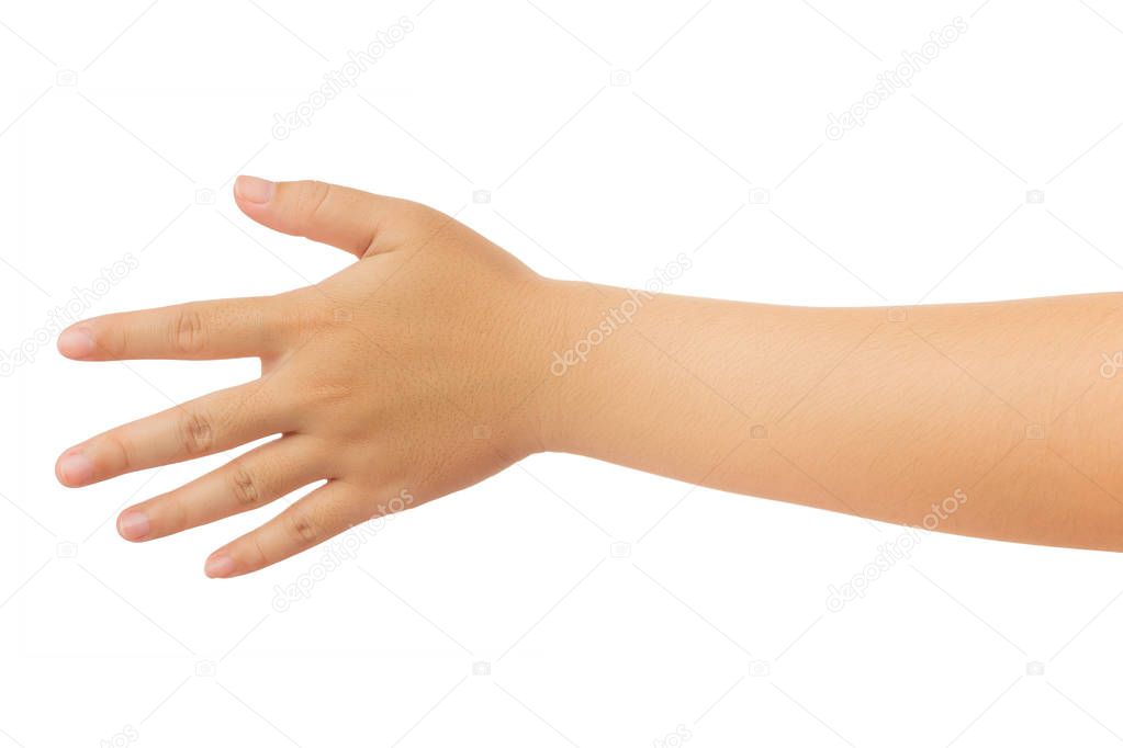 Human hand in reach out one's hand and showing 5 fingers gesture isolate on white background with clipping path, Low contrast for retouch or graphic desig