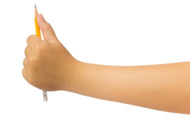 İnsan elinde kişinin elini ulaşmak ve sarı kalem hareketi tutan izole kırpma yolu, yüksek çözünürlüğü ve düşük kontrast rötuş veya grafik tasarım için beyaz zemin üzerine