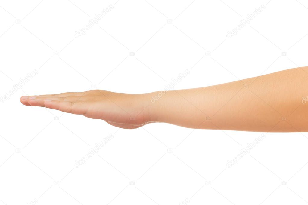 Side view of human hand in reach out one's hand gesture isolate on white background with clipping path, Low contrast for retouch or graphic desig