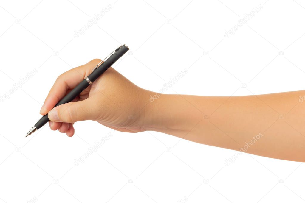 Human hand in reach out one's hand and  and writing or drawing with black ballpoint pen gesture isolate on white background with clipping path, High resolution and low contrast for retouch or graphic design