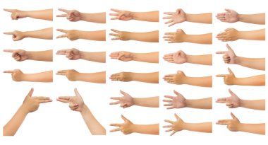 İnsan elinde kümesi ulaşmak kişinin elini ve sayı sayma, silah ya da işareti jest işaret izole kırpma yolunu, rötuş veya grafik tasarım için düşük kontrast beyaz zemin üzerine