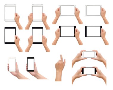 Holding, kullanarak veya smartphone ve tablet ile fotoğraf jest siyah ve beyaz renklerde alarak bir ya da iki insan eli kümesini yalıtmak beyaz arka planda, rötuş veya grafik tasarım için düşük kontrast