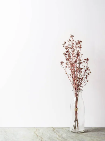 Букет Сушеных Вялых Красных Цыганских Цветов Стеклянной Бутылке Матовом Мраморном — стоковое фото