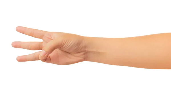 Mão Humana Estendendo Mão Contando Gesto Número Três Dedos Isolar — Fotografia de Stock