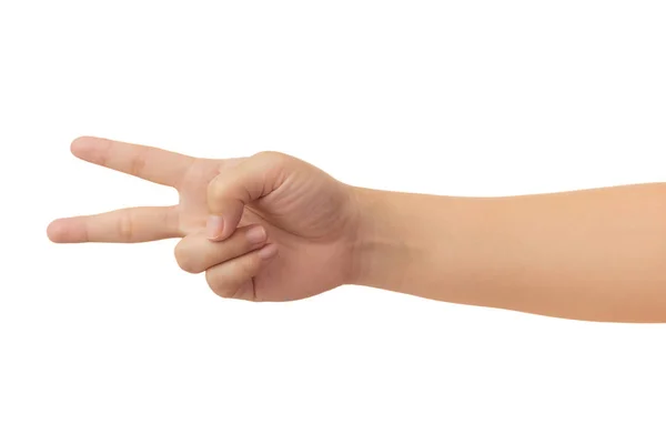 Mänsklig Hand Handen Och Räkna Två Nummertecken Gest Isolera Vit — Stockfoto