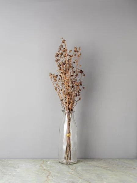 Bouquet Dried Wilted Brown Gypsophila Flowers Glass Bottle Matt Marble — Stock Photo, Image