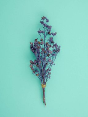 Üstten görünüm buket kurutulmuş ve mavi arka plan üzerinde mor Gypsophila çiçekler solgunluk