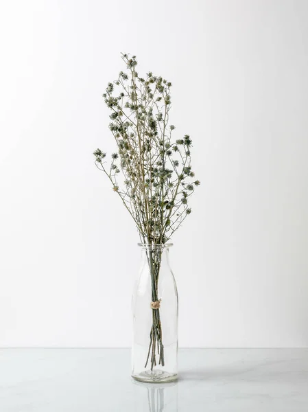 Strauß Getrockneter Und Welker Grüner Gipsophila Blüten Glasflasche Auf Marmorboden — Stockfoto
