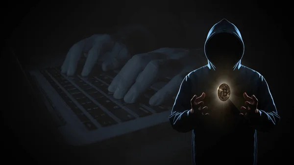 Der Goldene Bitcoin Schwebt Über Der Hand Des Hackers Dunkeln — Stockfoto