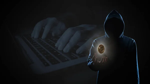Bitcoin Flottant Dessus Main Pirate Dans Obscurité Sur Piratage Informatique — Photo