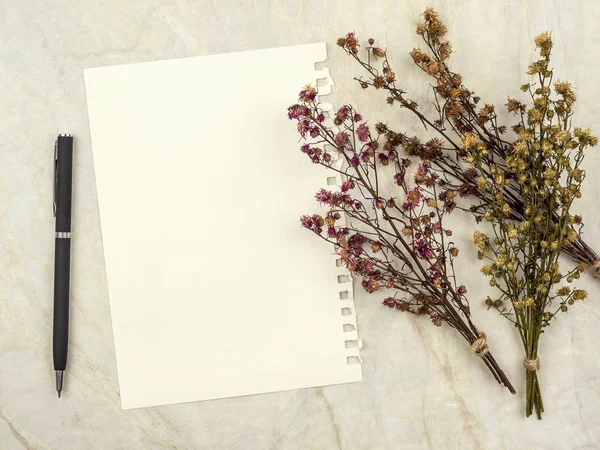 Top View Note Pad Paper Pen Group Bouquet Dried Wilted — Stock Photo, Image