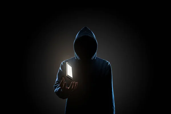 Vita Smartphone Svävar Ovanför Hacker Hand Mörk Bakgrund Ekonomi Företag — Stockfoto