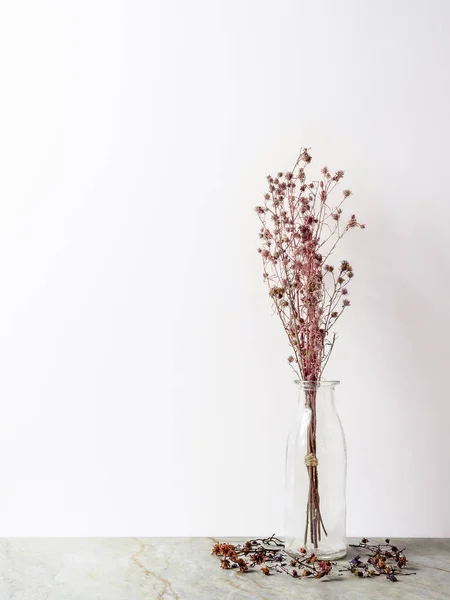 Букет Сушеных Вялых Красных Цыганских Цветов Стеклянной Бутылке Матовом Мраморном — стоковое фото